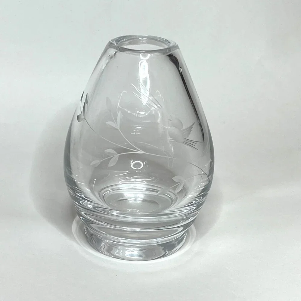 Vintage Kosta Sweden Etched Glass Vase w/ Singing Bird